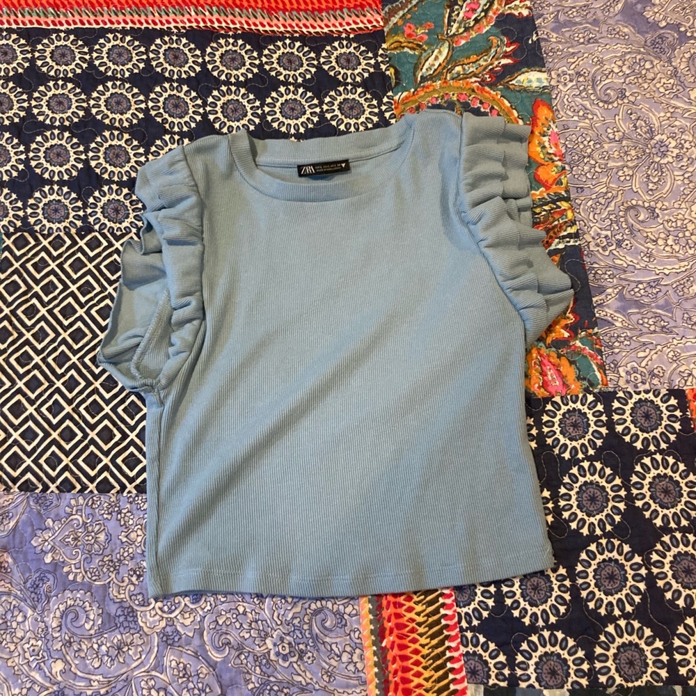 Blue Zara crop top with ruffle sleeves